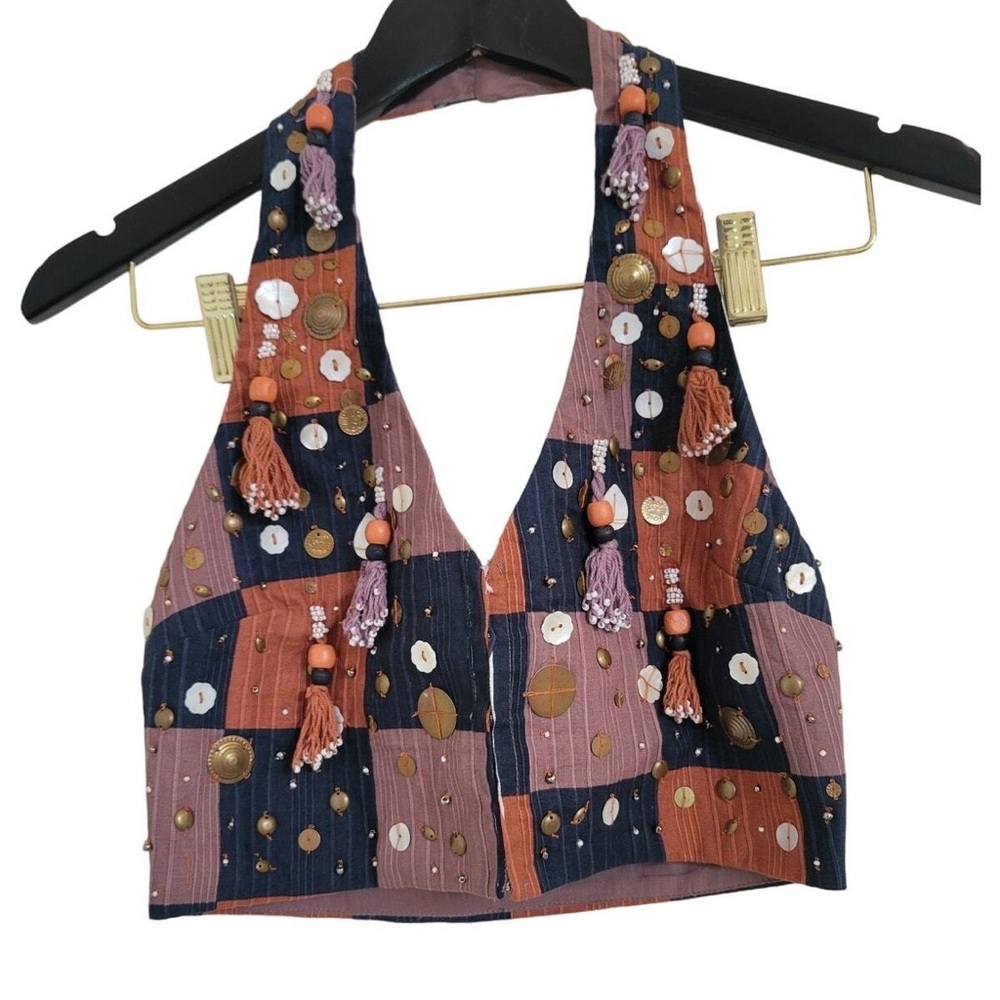 Zara Embellished Patchwork Crop Halter Top XS